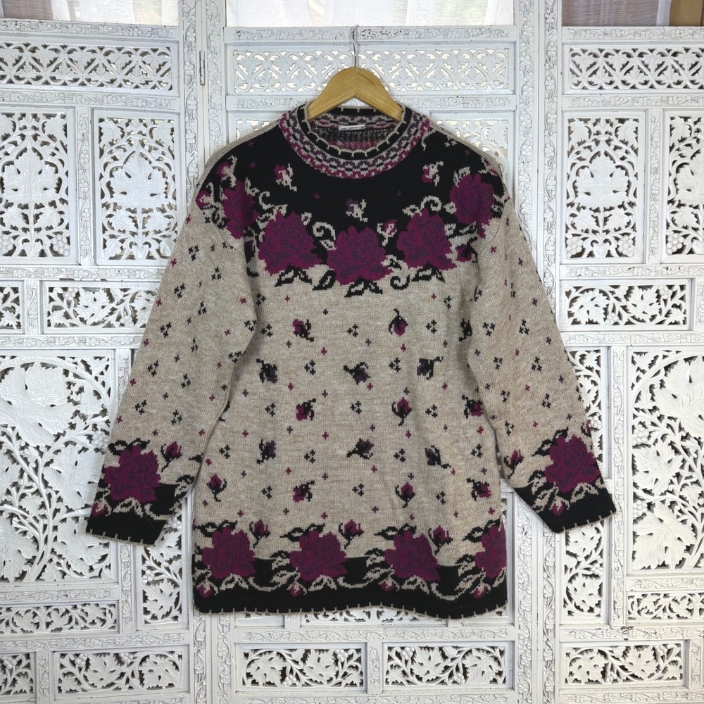 Vtg Floral Grannycore Oversized Sweater Womens Medium Retro Indie Grandpa